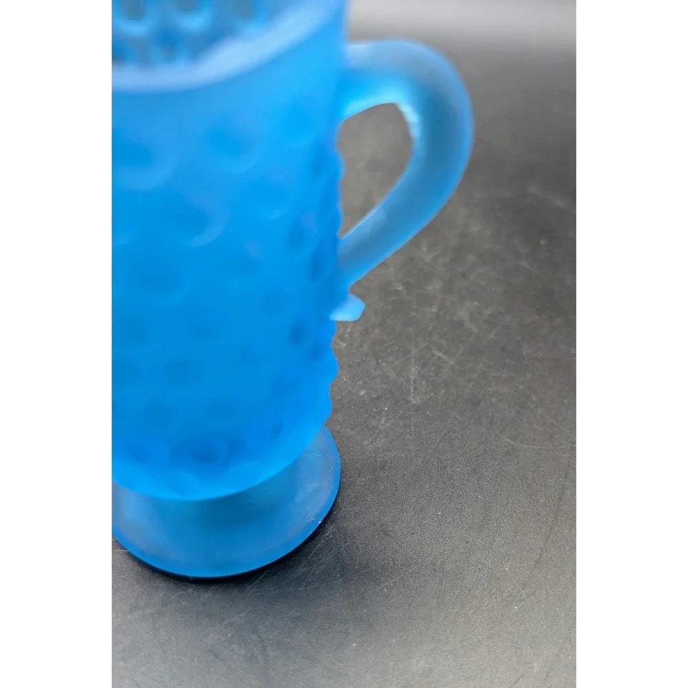 Blue Satin‎ Hobnail Glass Pitcher Creamer Footed Frosted Mid Century Modern 3